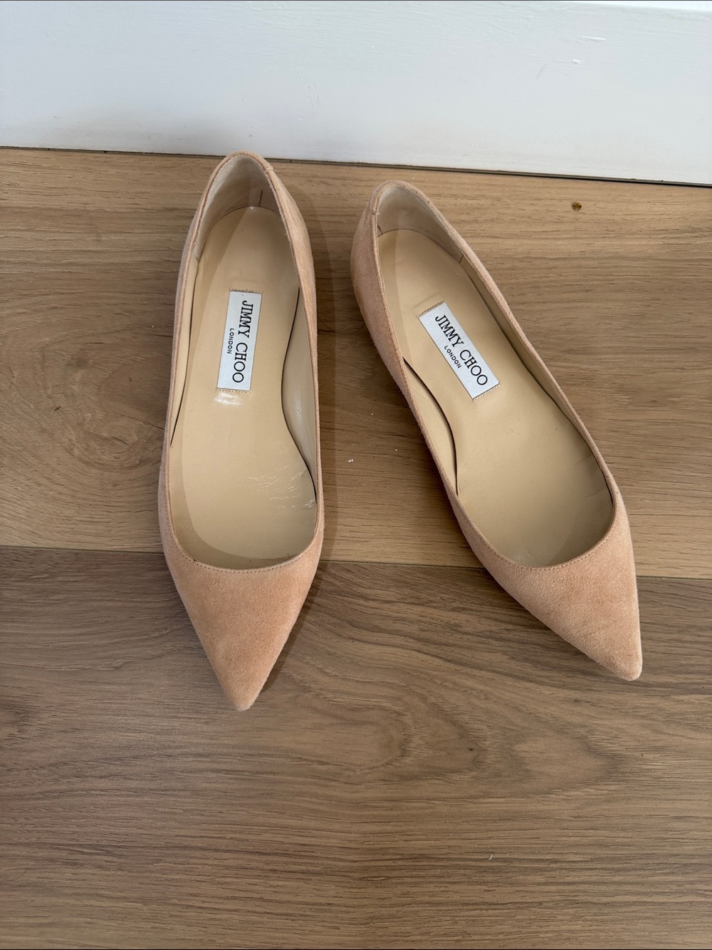 Jimmy Choo Pointed Toe Flats in Pale Peach Suede